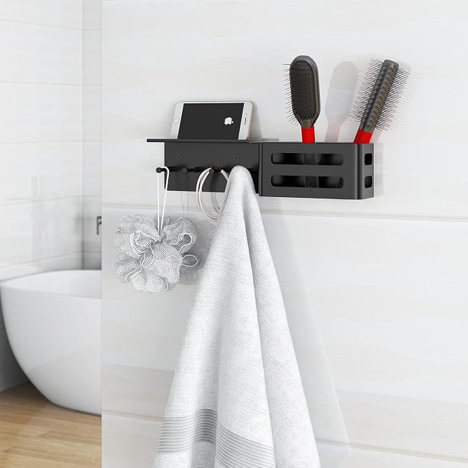 MKO Key Holder Wall Mount, Adhesive Key Hanger with 4 Hooks for Wall, Black | Metal Material, Key Rack with Shelf, Wall Mount, Mail Organizer Tray, Suitable for Entryway, Hallway, Living Room