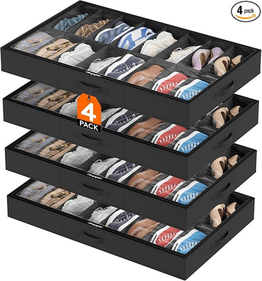 Lifewit Under Bed Shoe Storage Organizer 4 Pack(16 Shoes Cells), 4.3 Inches Profile Fabric Shoes Container Box with Clear Cover, Foldable Storage Bag with 2 Handles, Fits 32 to 64 Pairs