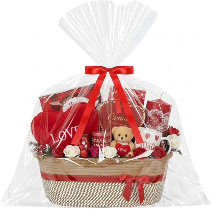 Colingmill 1 Set Woven Empty Basket for Gift,Brown Red | with Cellophane Wrap Set, 14 x 10 x 5.5 Inch, Medium Decorative Gift Basket, Cotton Rope Storage Box, Home Decor