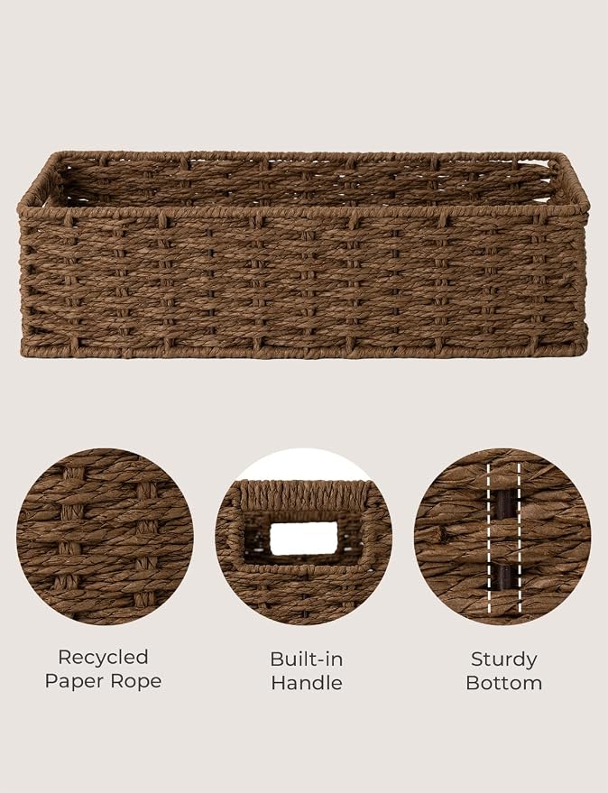 StorageWorks Toilet Tank Tray, Brown Round Paper Rope Bathroom Baskets for Organizing, Toilet Tank Basket, Toilets Organizer with Built-in Handles, 14 ¼"L x 6 ¾"W x 3 ¾"H, 1 Pack | Paper Rope Toilet Tank Tray for Tank Topper, Small Wicker Toilets Paper...