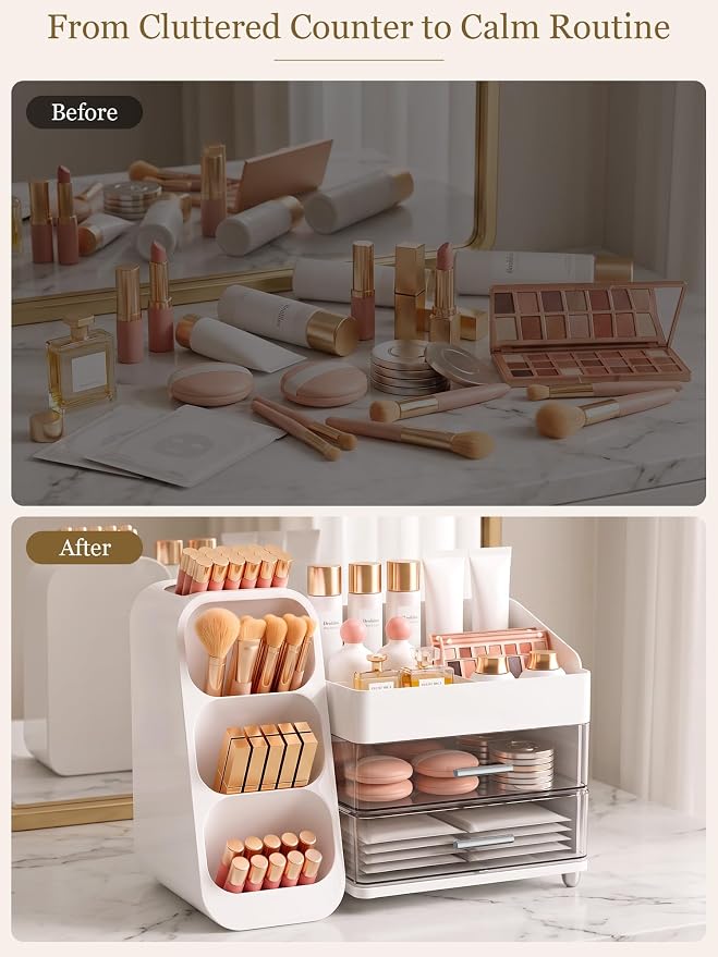 Booklov Large Makeup Organizer for Vanity Countertop, White | Clear Acrylic Cosmetic Display Case, Beauty Brush Holder for Bathroom Counter, Make Up Skincare Lipsticks Storage