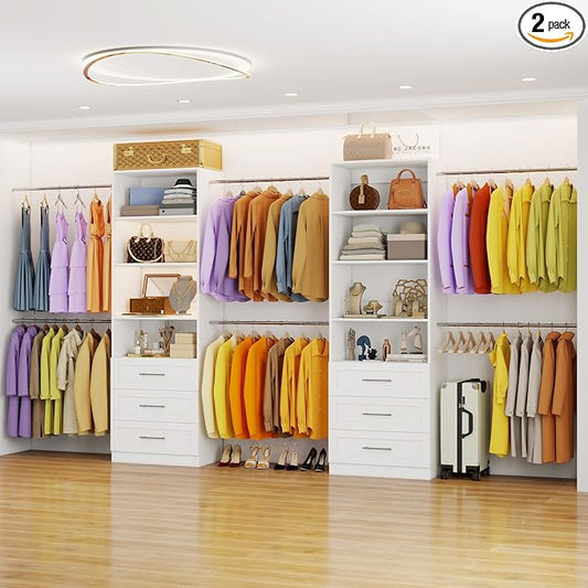 Closet System with 6 Drawers, 6FT-15FT Wooden Closet Organizer System with 8 Expandable Hanging Rods and Shelves, Closet Shelving System for Walk in Closet for Bedroom,Wall Mount, White 2 Sets