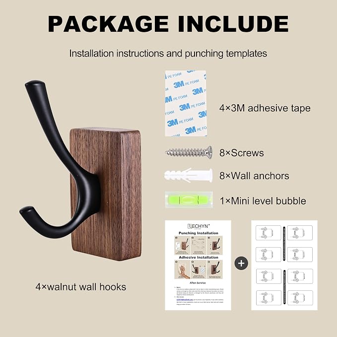 4 Pack Walnut Wood Wall Coat Hooks for Hanging, Adhesive Mounted & Wall Mount Heavy Duty Decorative Wooden Double Hook hanger for Towel Backpack Hat Jacket Clothes Blanket Purse Closet Robe Key