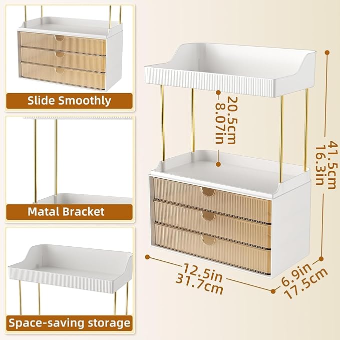 StorBin Arcylic 5-Tier Makeup & Skincare Organizer for Vanity, Bath | Smooth 3 drawers, clear body, gold frame, non-slip, for perfumes, serums, face masks, palettes, vanity & bath counter,Amber