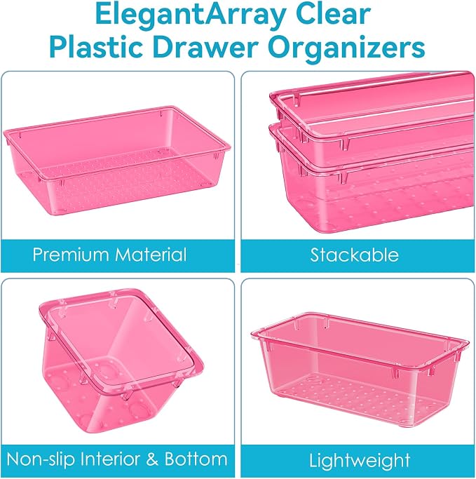 12 PCS Drawer Organizer Set, Makeup Organizers, Tool Storage Trays, Pink | 4 Sizes, Plastic, Stackable, Multiple Gadgets, Desk Drawer Divider Organizers, for Makeup, Office Supplies Storage