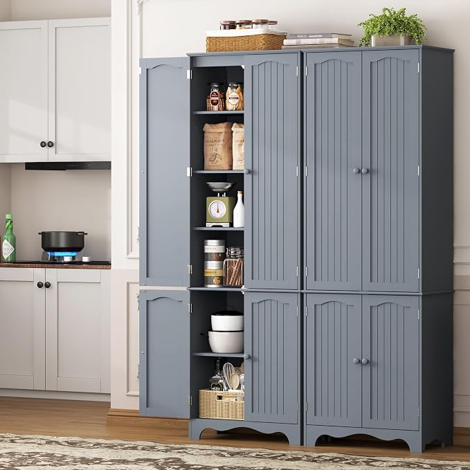 Function Home Tall Pantry Cabinet, Freestanding Storage Cabinet, Wooden Kitchen Pantry with 4 Doors and 5 Shelves, 72" Floor Cabinet Organizer for Kitchen Living Room Bathroom, Grey