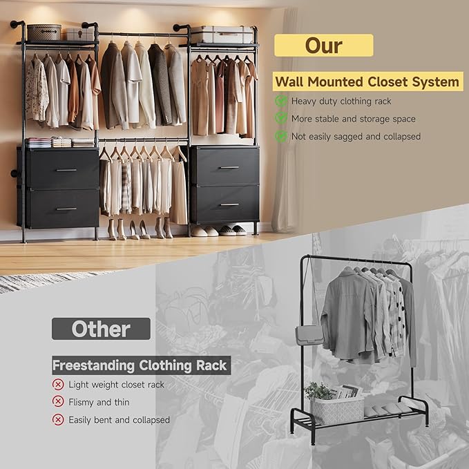 ONBRILL T4 Wall Mounted Closet System, Industrial Pipe Clothing Rack with 8 Wooden Shelves, 4 Drawers & 4 Hanging Rods (2 Expandable), Modular Heavy Duty Closet Organizers and Storage System (Black)