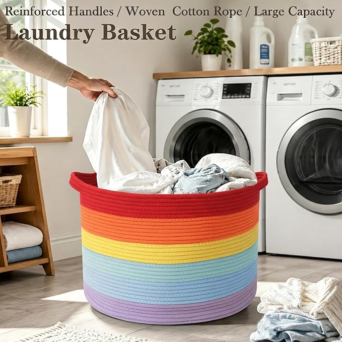 65L Large Blanket Basket,Rope Woven Laundry Basket-Rainbow | Collapsible, reinforced handles, nursery storage bin organizes clothes, toys and pillows for living room, bedroom bathroom
