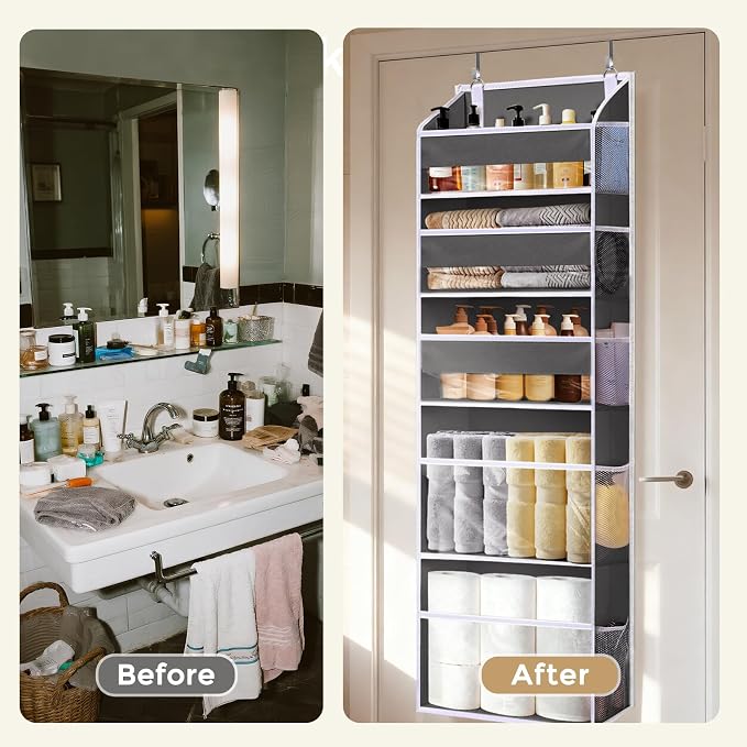 5 Tiers Over Door Organizer with 10 Mesh Side Pockets, 44 lbs Weight Capacity Hanging Storage Organizer with Clear Window Kids Toys, Shoes, Diapers, Dark Gray