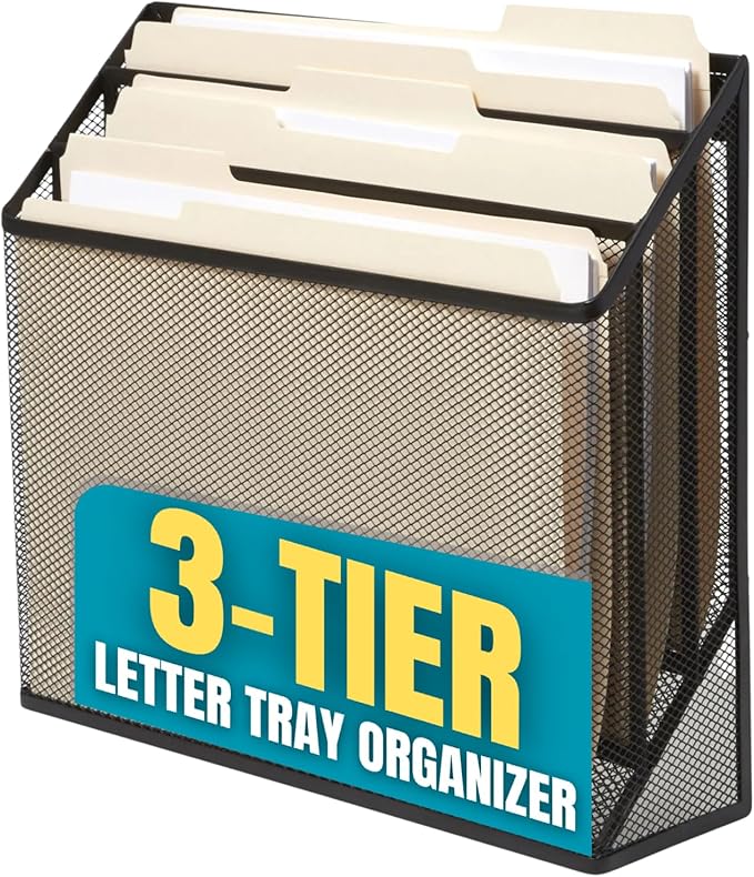 1InTheOffice 3 Tiers File Folder Organizer, Desk Sorter, Black Mesh