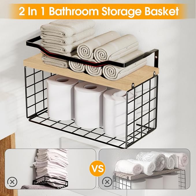 Towel Racks for Bathroom,Towel Rack Wall Mounted, 6 Tier Rolled Or Folded Towel Holder with Floating Shelves, Bathroom Towel Holder for Bath, Hand Towels,Metal,Walnut Wood Panel