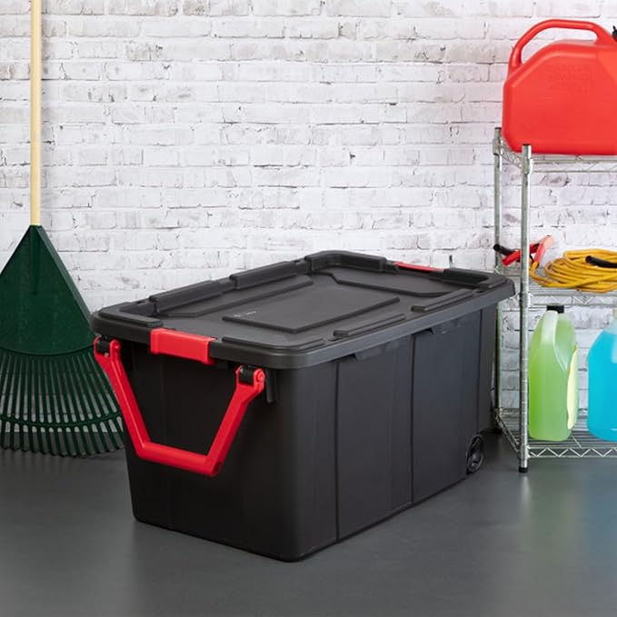 Sterilite Industrial Storage Tote w/Wheels for Garage, 40 Gallon, 8-Pack | Heavy-Duty and Stackable Utility Box Containers for Home, Office, and Basement Organization, Black