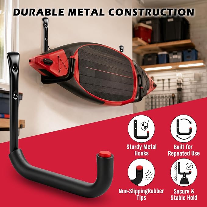 SEDY 6 Pack Heavy Duty Garage Hooks, Ladder Hooks for Garage Wall, Each Holds Up to 66 LB, 9.8 Inch EVA-Padded Steel Utility Hangers for Bikes, Folding Chairs, Garden Hoses and Tools