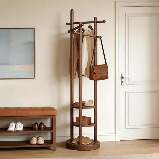 Coat Rack Freestanding, Solid Wood Coat Tree with 6 Hooks and 3 Storage Shelves for Bedroom, Entryway Living Room, Office, Corner Hanger Stand for Purse, Bag, Jacket, Hat
