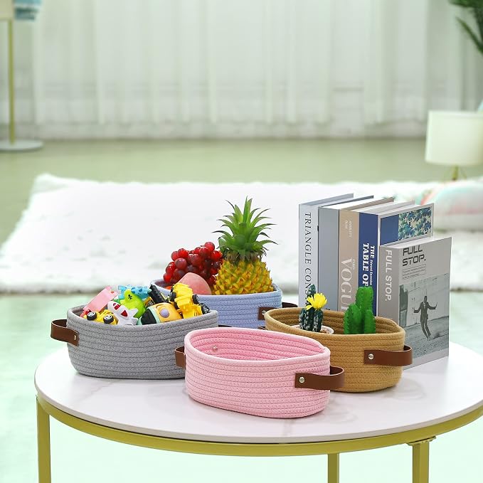 ABenkle Mini Woven Cotton Rope Storage Basket - Oval Decorative Shelf Gift Basket for Nursery, Empty - 9.4" x 5.9" x 3.9