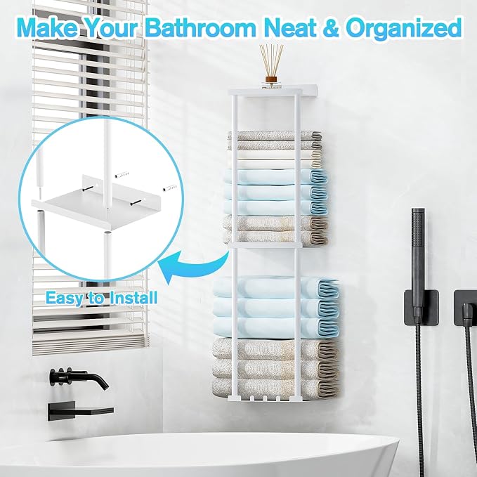 Liuoud Towel Rack for Bathroom, Wall Mounted Vertical Rolled Towel Storage Organizer Holder with Shelf, Holds Up 6 Large Bath Sheets, White