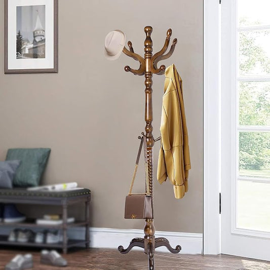 74" Wooden Coat Rack Stand,Coat Racks Freestanding With 14 Hooks And Solid Round Base Heavy Duty Adjustable Height Hall Tree Coat Rack for Entryway Hallway Foyer Office Bedroomf (Triangle Antique)