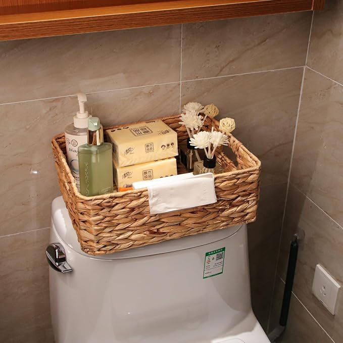 Rectangular Water Hyacinth Storage Baskets, Wicker Woven Shelves Baskets | Three-sided handle design,Handwoven from natural water hyacinth, For the living room, bedroom, storage room, and vanity