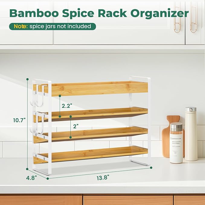 EsLuker.ly Spice Seasoning Rack Organizer Kitchen Countertop, 4 Tier Bamboo | Shelf Holder Storage with 4 Hooks, Wall Mounted Freestanding Stand for Pantry, Quick Spice Access(Jars Not Included), White