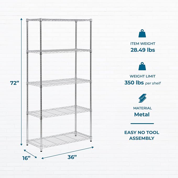 Honey-Can-Do 5-Tier Heavy Duty Adjustable Shelving Unit, 350-lb Per Shelf Metal Storage Rack, Chrome Wire Shelf for Garage Kitchen Basement Pantry, 36 x 16 x 72 in