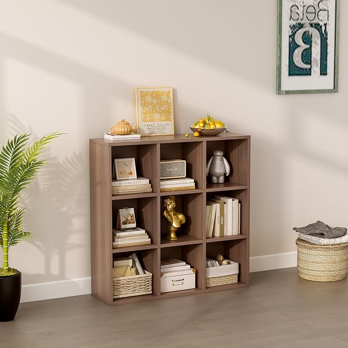 OSCHF 9-Cube Storage Shelf Bookcase, Walnut | Wooden 3-Tier Open Bookshelf, Fits 11×11" Bins, Vertical or Horizontal Use, Full Back Panels, For Home Office