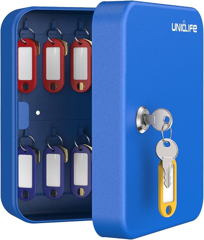 Uniclife 20 Keys Key Lock Box, Wall Mount Key Box, Lock Box for Keys, Key Lockbox with Tags, Key Cabinet, Key Holder Storage Box for Home Office & Company, Blue
