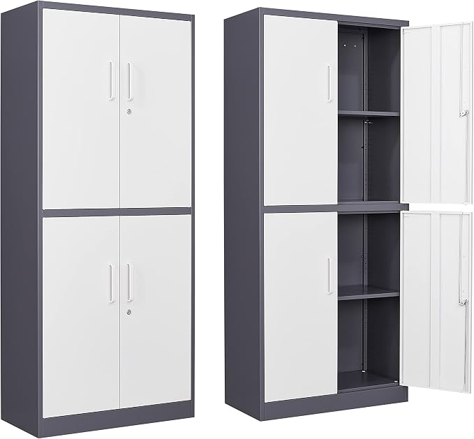 Yizosh Metal Storage Locking Cabinet with 4 Doors and 2 Adjustable Shelves,71" Lockable Garage Tall Steel Cabinet,for Home Office,Living Room,Pantry,Gym,Commercial Storage (Gray White)