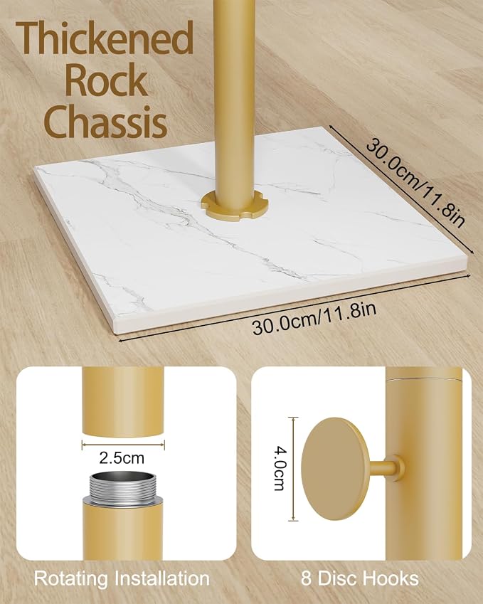 Clothes Rack Freestanding, Coat Stand with 8 Hooks, Gold | Small Garment Rack with Heavy Rock Slab Base, Modern Metal Clothing Rack for Hanging Clothes with 8 Hooks for Bedroom, Office