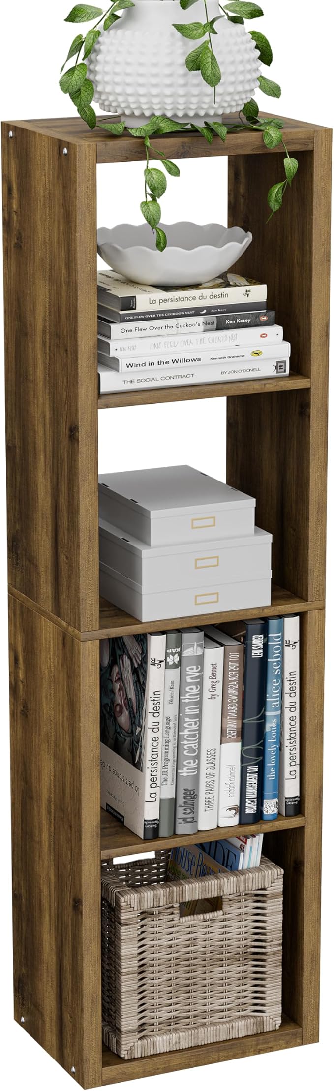 VDNEND Cube Storage Organizer Bookcase, Small 4 Tier 11 inch Open Back Cubical Shelf with Thickened Border, Display Bookshelf for Living Room, Home Office, Sturdy Room (Brown, 4 Cube,Vertical)