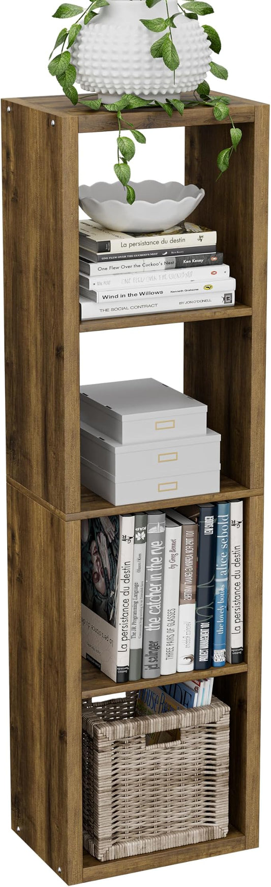 VDNEND Cube Storage Organizer Bookcase, Small 4 Tier 11 inch Open Back Cubical Shelf with Thickened Border, Display Bookshelf for Living Room, Home Office, Sturdy Room (Brown, 4 Cube,Vertical)