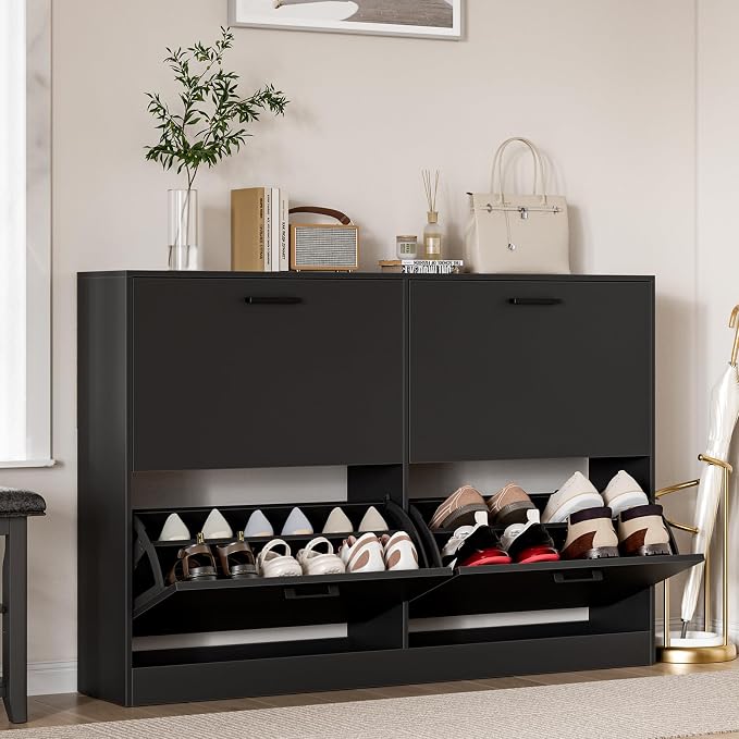 Shoe Cabinet with 4 Flip Drawers, Narrow Freestanding Shoe Organizer, Hidden Slim Freestanding Shoe Storage Cabinet for Entryway,Hallway, Living Room, Black