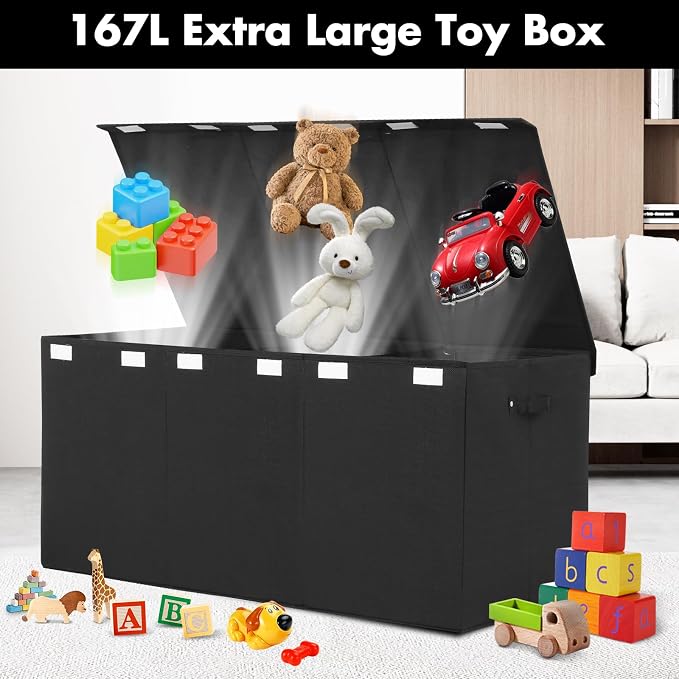 167L Large Toy Box Chest Storage with Lid, Collapsible Kids Toy Storage | Toy Chest with with Removable Divider for Kids, Boys, Girls, Nursery, Living Room, Bedroom, 35.5"x17" x17" (Linen Black)
