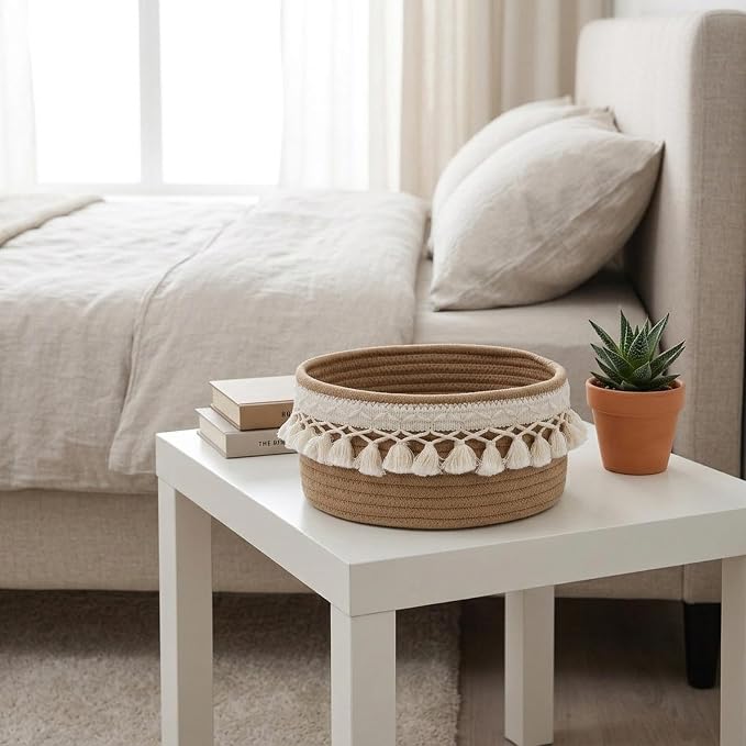 predolo Sundries Storage Basket Rope Handwoven Decorative Organizer Multipurpose Basket Suitable for Living Room Bedside Table Pantry, L 25cmx25cmx12cm
