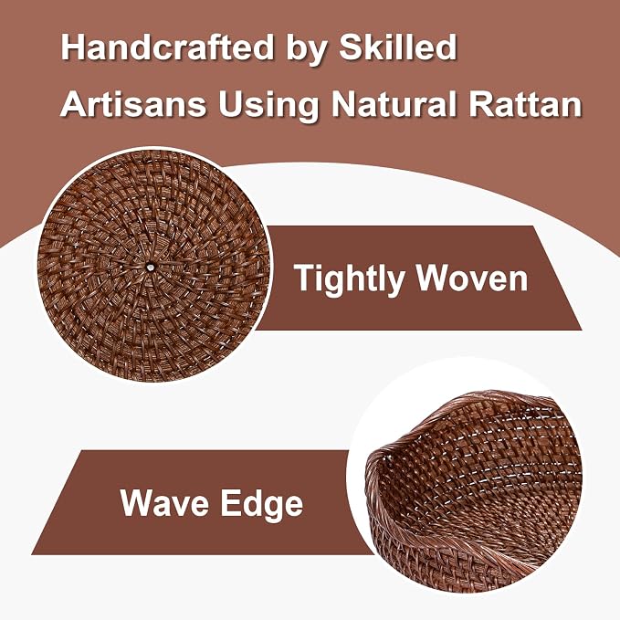Hipiwe 10" Round Key Tray for Entryway Table Handwoven Wicker Basket Bowl | Decorative Basket Bowl for Cake Bread Fruit Serving Tray Handwoven Basket Tray for Kitchen Coffee Table Bathroom