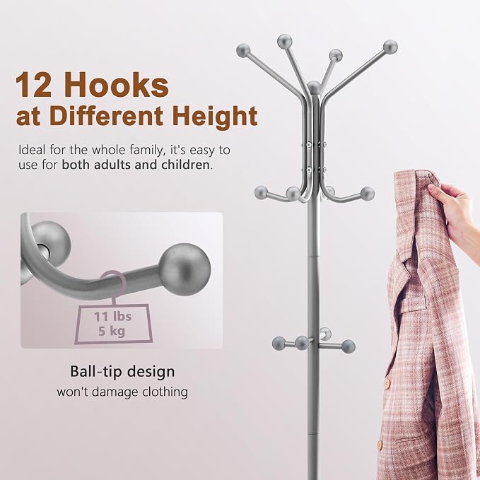 Hoctieon Coat Rack Freestanding, Coat Tree with Umbrella Holder | Metal Coat Rack Stand with 12 Hooks, Standing Coat Hanger Stand, Umbrella Stand for Entryway, Hat Rack Stand for Home Office