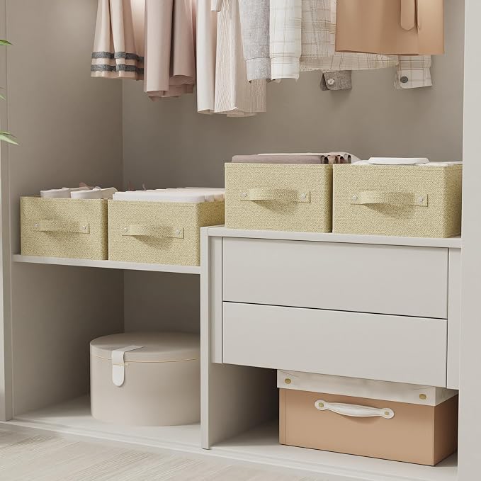 Storage Bin with Reinforced Stitching,Yellow,16.1x9.8x6.4in,2 Pack | Fabric Storage Baskets with Soft Cloth Handles, Thick PP Panel Wardrobe Containers,Wipeable Drawer Boxes for Closet Shelves