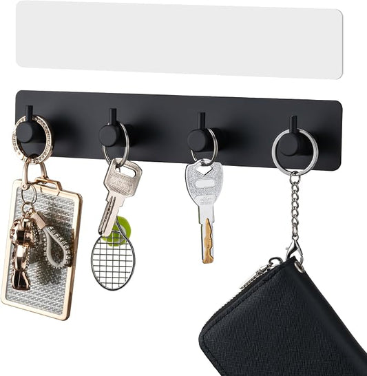 Key Holder with 4 Hooks,Adhesive Key Hanger Organizer for Wall Mount | Metal Key Rack with 2 Self-Adhesive Tapes for Entryway, Door, Bathroom, Kitchen(Black)