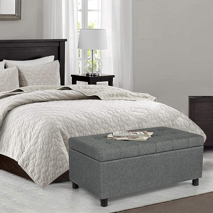 Joveco 34" Ottoman with Storage,Tufted Storage Ottoman Bench with Legs | Fabric,Safety Hinge,Upholstered,Rectangular,Entryway Bench with Seating for Living Room Bedroom Gray