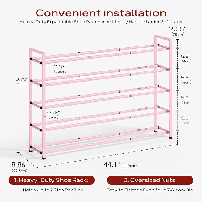 Bumusty 5 Tier Long Expandable Shoe Rack for Closet, Pink | 18"-44" Adjustable Shoe Rack for Entryway, Shoe Organizer for Dorm, Front Door, Sturdy Metal