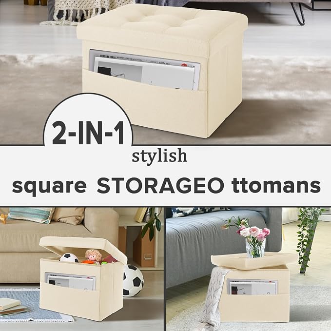 LINMAGCO Storage Ottoman Folding Foot Stool Foot Rest with Side Pocket Modern Ottoman with Storage Short Sofa Stool Linen Cloth 17x13x13(Beige)