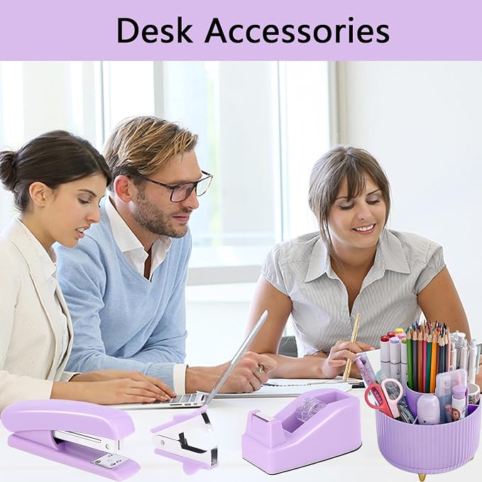 Office Supplies,Purple Desk Accessories,Desk Organizer,Stapler,Tape Dispenser,Folding Phone Stand,Scissors,Notebook,Staple Remover,Staples,Clear Tape,Sticky Notes,Clips,Cool Pen,Bookmark,Ect.22pcs