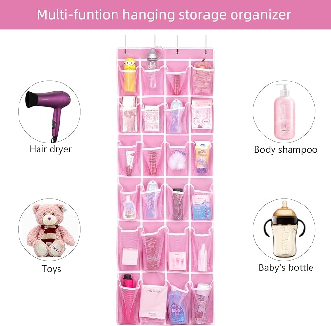 SAVERHO Hanging Shoe Organizer, Over The Door Shoe Organizer with 24 Breathable Mesh Pockets for Men Women Kids Hanging Shoe Storage Rack Organizer Size:58x21 Inch（Pink）