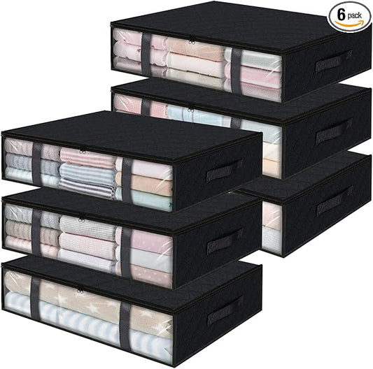 StorageRight Under Bed Storage Bags, 6 Pack, 40L, Black | Breathable Non-Woven Fabric with a Clear Window and Zippered Top for Clothes, Comforters, Blankets and Seasonal Storage