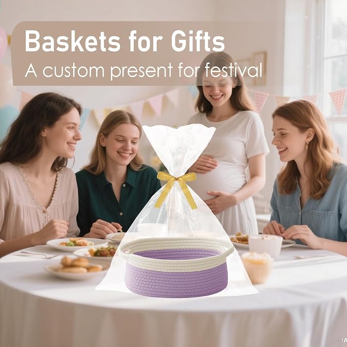 JMvicyroam Small Woven Basket, Empty Gift Basket, White&Purple/3 Pack | Small Gift Basket, Cotton Rope, 12 x 8 x 56 in, Handles, Includes Ribbon and Bag, Birthday Gift Basket