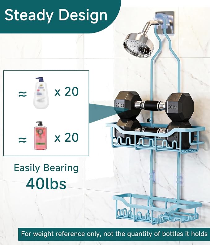 Upgraded Extended Length Shower Organizer with Hooks, Rustproof Shampoo Soap Holder, Large Hanging Bathroom Caddy, Blue