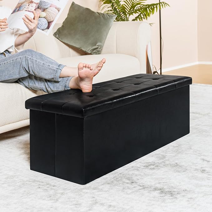 PINPLUS Folding Storage Ottoman Bench, Black Faux Leather Long Ottoman Chest, Footrest Seat, Blanket Storage for Living Room Bedroom Office Hallway, 43.3"x15"x15"