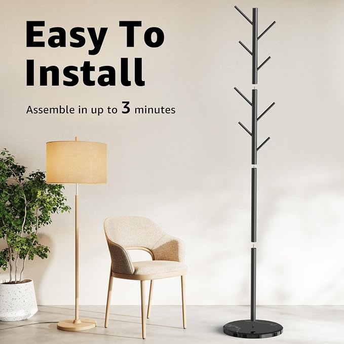 HzTinT Coat Rack with Natural Marble Base, Metal Freestanding Coat Rack with 8 Hooks, 3 Adjustable Size Sturdy Coat Tree for Bags, Coats, and Hats for Entryway, Hallway, Bedroom, Office, Black | 8 Metal Hooks, Holds Coats, Bags & Hats, For Entryway, Be...