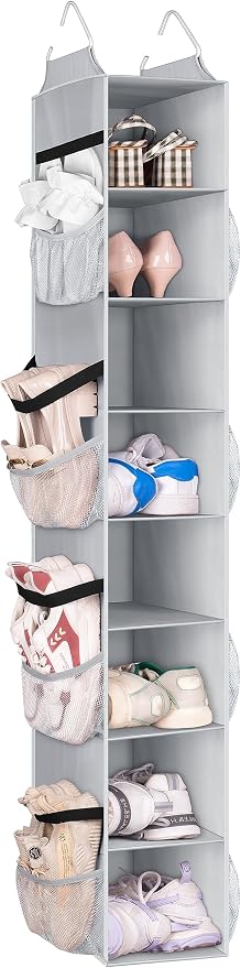 SLEEPING LAMB 8 Shelves Hanging Shoe Rack Hanger, Narrow Hanging Shoe Organizer for Closet Storage Clothes, Gloves, Bags, with 8 Large Mesh Pockets to Hold 16 Pairs Shoes in Dorm, Grey