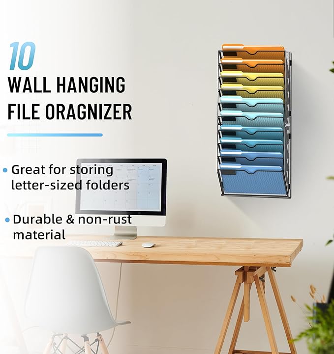SUPEASY 10-Tier Hanging Wall File Organizer with Hooks, 2 Pack | Mesh Wall File Holder, Mail Organizer Wall Mounted for Papers, Documents, Folders and Magazines in Home Office, Classroom