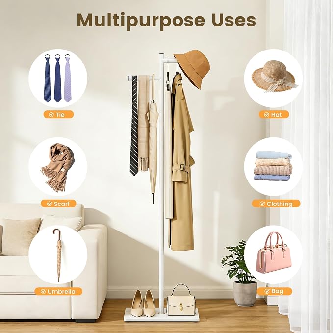 Metal Freestanding Coat Rack, 68.9"H Z-Shaped Coat Tree with Natural Rock Base, Modern Clothes Hanger Stand for Coats, Hats, Bags & Scarves, Ideal for Entryway, Bedroom, Office & Living Room